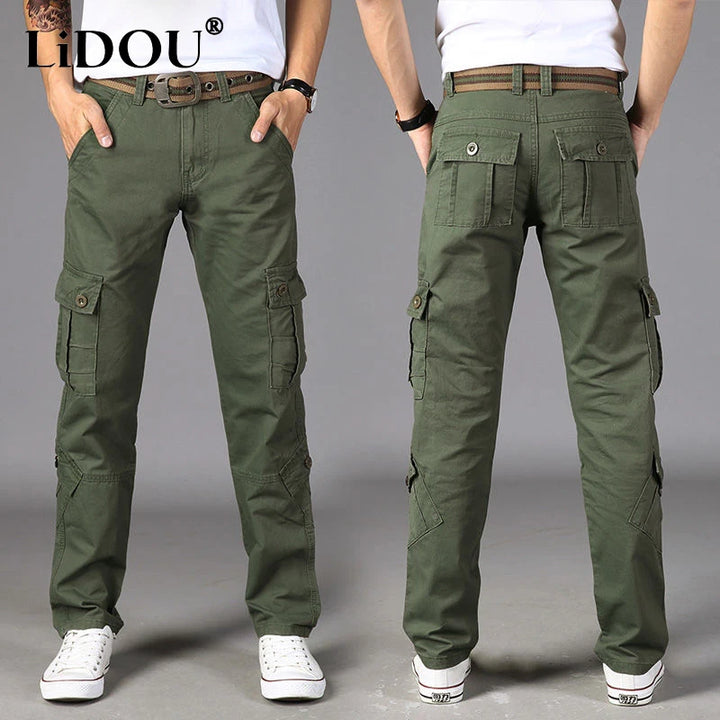 Summer New Solid Color Casual Pockets Cargo Pants Man Thin Style Cotton Outdoor Camouflage Clothing Street Y2K Straight Trousers