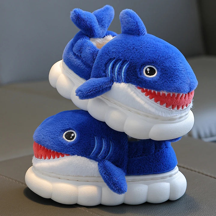 New Winter Wrap Heels Cute Cartoon Shark Cotton Slippers Children's Non-slip Soft For Kids Girls Boys Baby Warm Plush Home Shoes