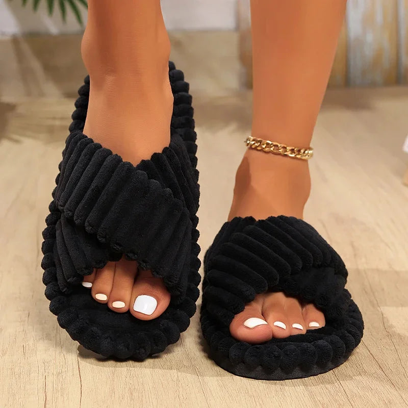 Fashion Corduroy Cross Band Home Slippers Women Autumn Winter Warm Plush Slides ladies Indoor Bedroom Soft Sole Cotton Slippers