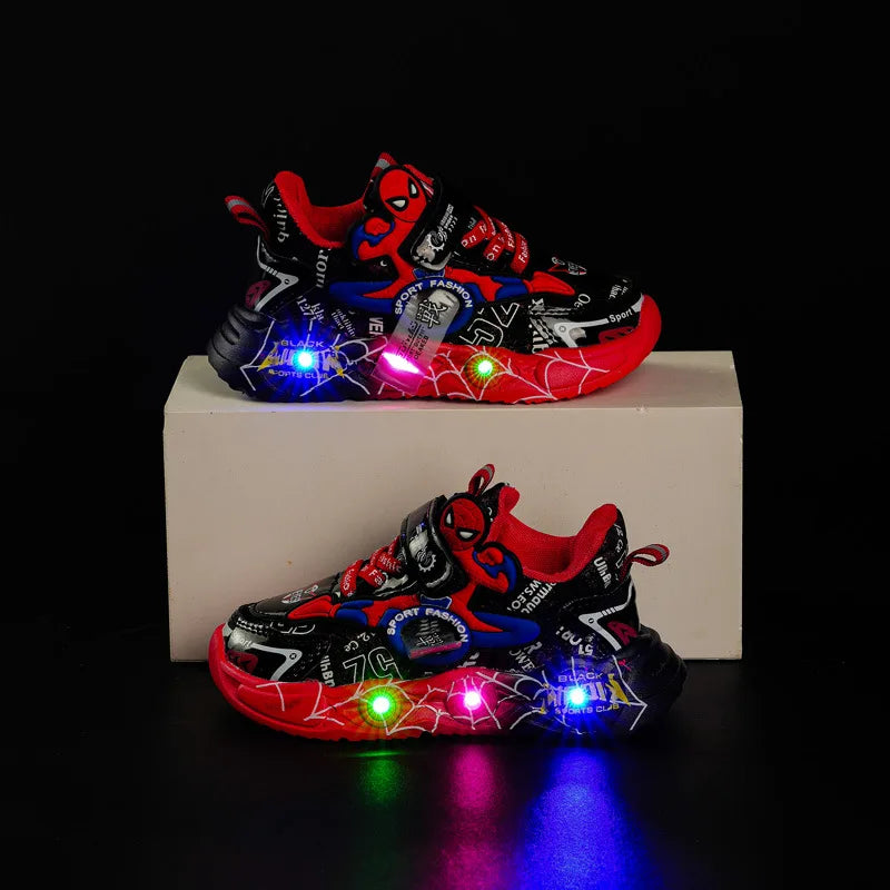 Disney LED Casual Sneakers Red Black For Spring Boys Spiderman Outdoor Shoes Children Lighted Non-slip Shoes Size 21-30