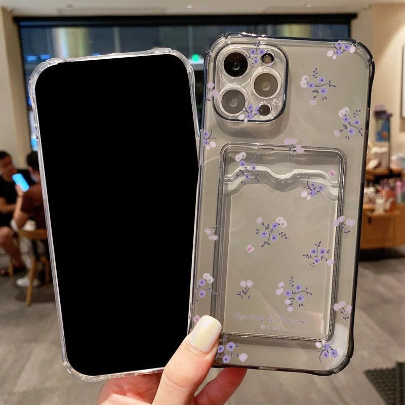 Korean Cute Flower Clear Phone Case For iPhone 16 15 14 13 12 11 Pro Max XS X 7 8 Plus SE2 Wallet Card Bag Lens Protection Cover