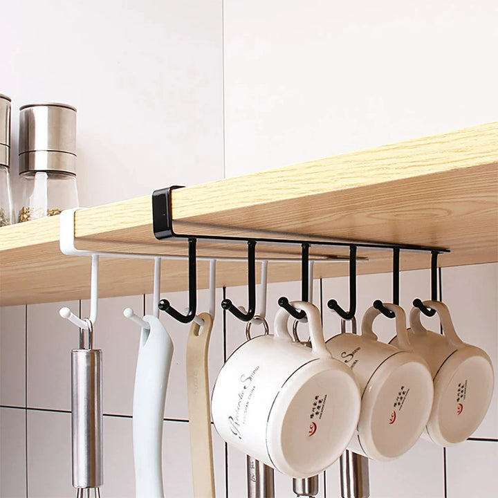 Multifunction 6 Hook Coffee Cup Mug Holder Black White Hooks Shelf Multifunction Kitchen Cabinet Sundries Organizer Storage