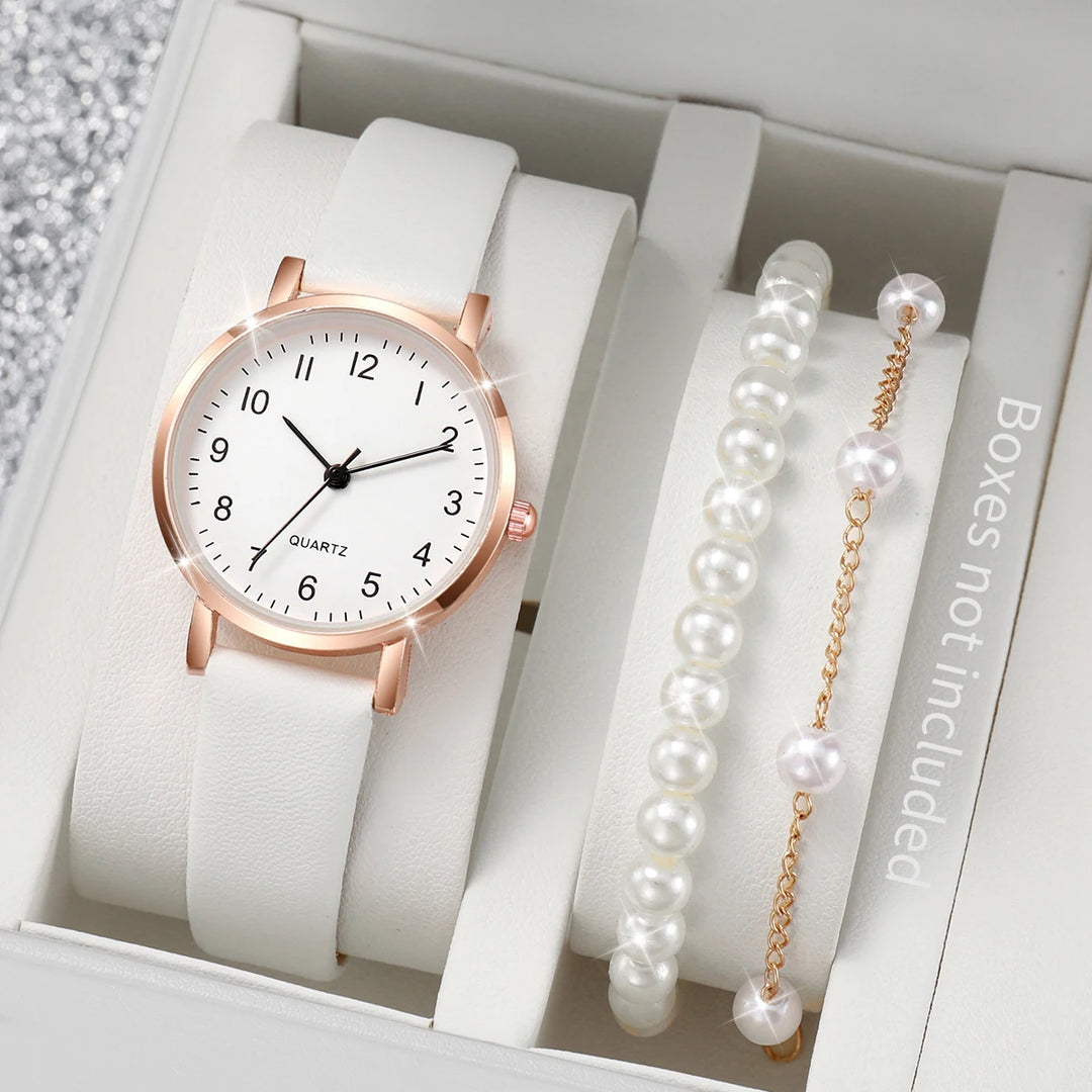 Women Leather Watch & Pearl Bracelet Set