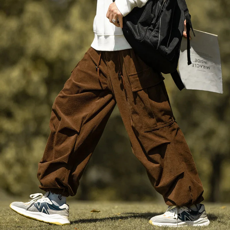 New Fashion Corduroy Drawstring Casual Overalls Men Big Size Loose Baggy Cargo Pants Streetwear Straight Trousers Clothing