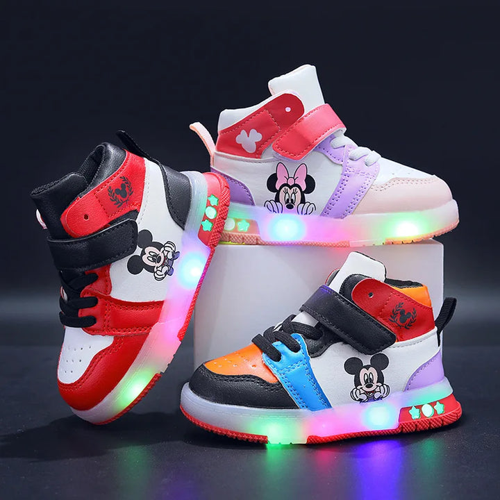 Disney Children's Sneakers Boys Girls Mickey Led Light Sport Shoes Student Shoes Hook Anti-slip Kids Outdoor Shoes Basket Shoes