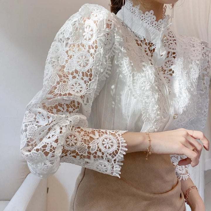 Hollow Out Lace Long Sleeve Blouse