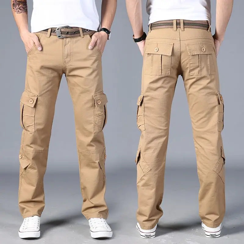 Summer New Solid Color Casual Pockets Cargo Pants Man Thin Style Cotton Outdoor Camouflage Clothing Street Y2K Straight Trousers