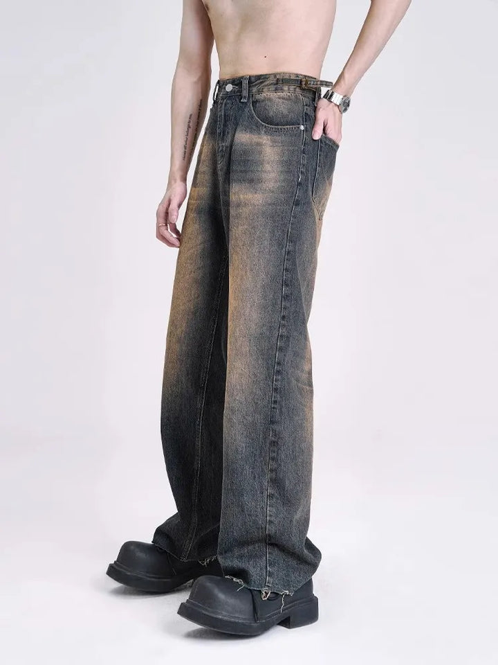 High Waist Jeans Men Wide Leg Loose American Bleached Autumn Raw Edge Frayed Preppy Style Streetwear S-3XL Temperament Retro