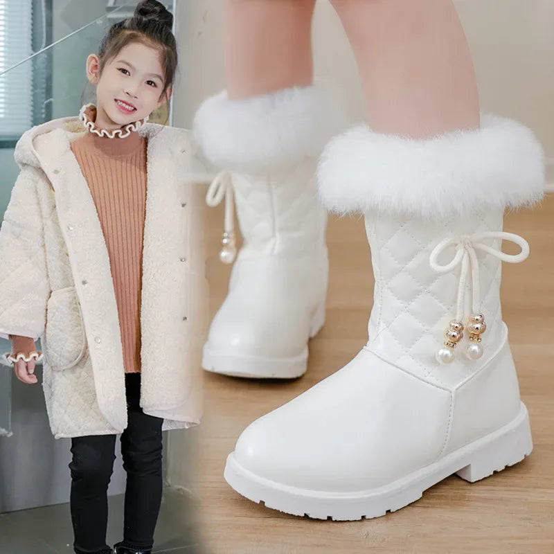 Girls Long Boots Warm Shoes for Winter Kids Princess Boots with Fur 2024 New Fashion Sweet Girls Leather Snow Boots with Bow