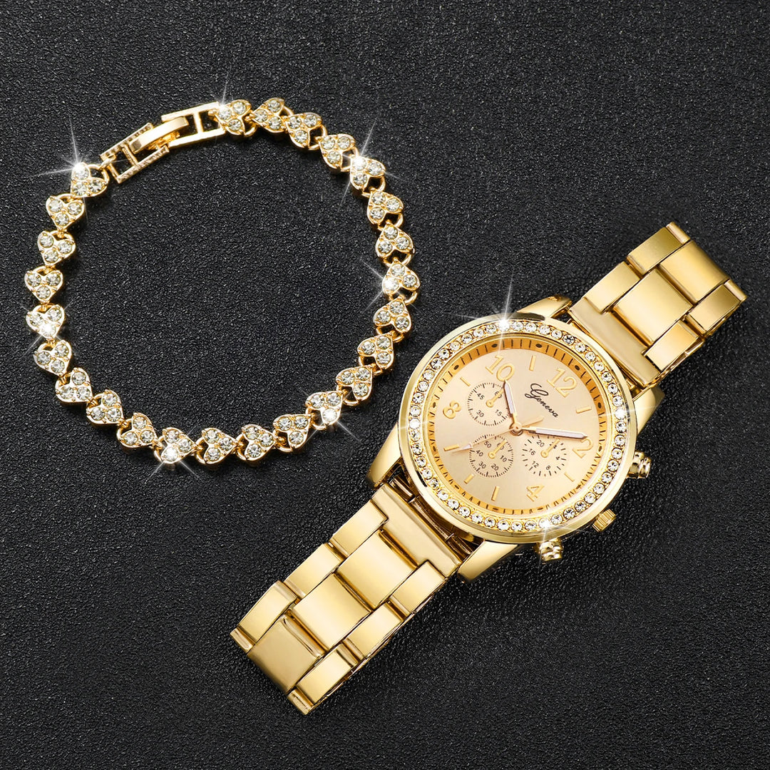 Fashion Women Stainless Steel  Gold Color Quartz Watch & Diamond Bracelet