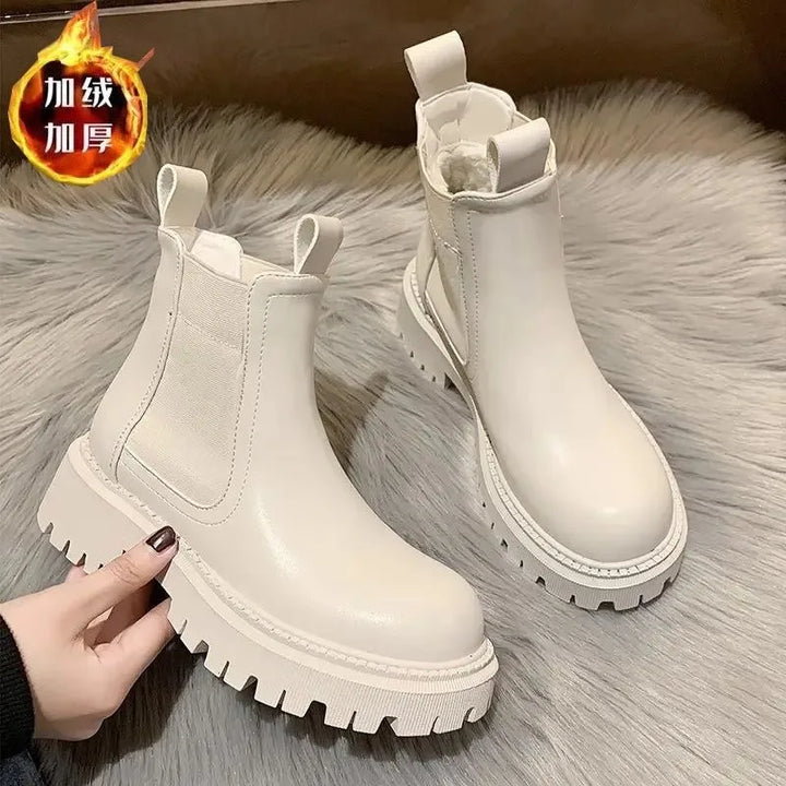 New Autumn Winter Chelsea Boots Women Platform Brown Black Beige White Ankle Boots For Women Fur Short Chunky Punk Gothic Shoes