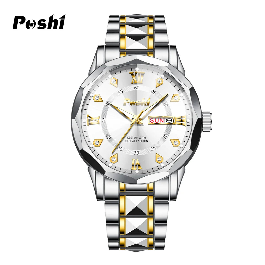 POSHI Men's Watch Date Week Fashion Watch Men Original Waterproof Non-mechanical Luminous Dual Calendar Quartz Wristwatch