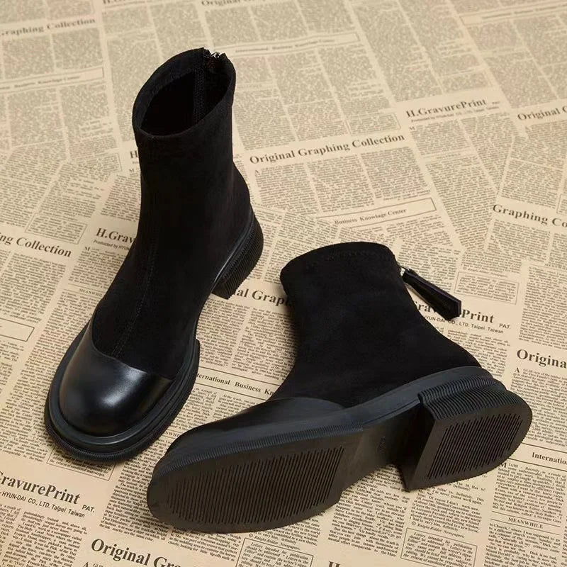 Women Ankle Boots Fashion Round Toe Ladies Cotton Short Booties Elegant Square Low Heel 2024 Winter Short Plush Women's Footwear