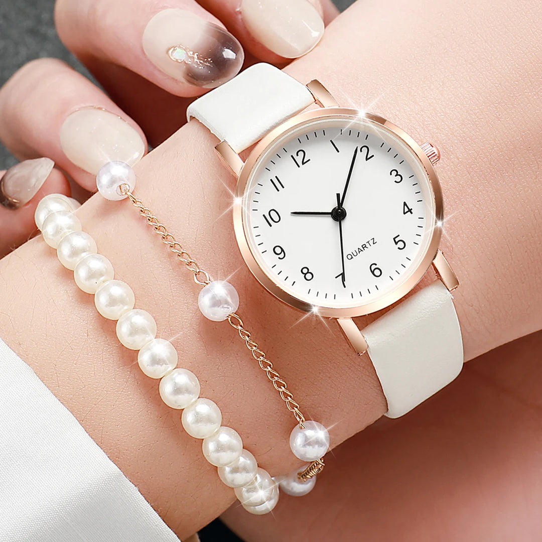 Women Leather Watch & Pearl Bracelet Set