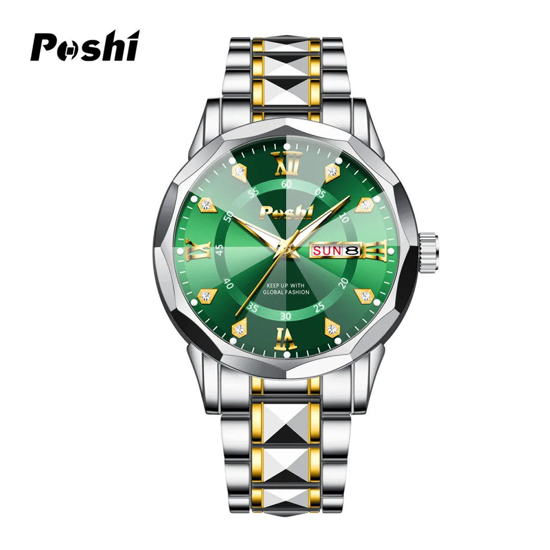 POSHI Men's Watch Date Week Fashion Watch Men Original Waterproof Non-mechanical Luminous Dual Calendar Quartz Wristwatch