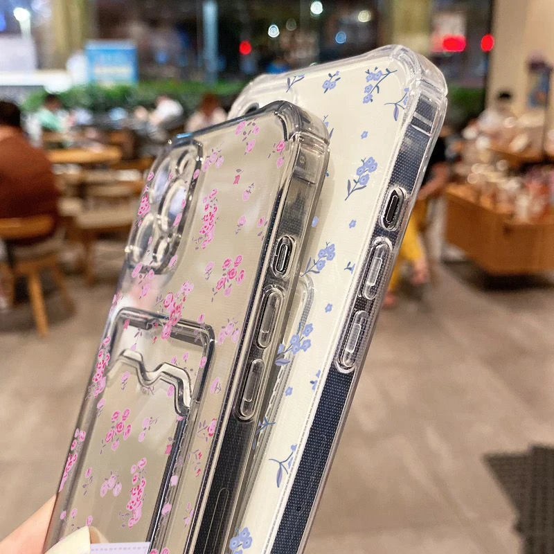 Korean Cute Flower Clear Phone Case For iPhone 16 15 14 13 12 11 Pro Max XS X 7 8 Plus SE2 Wallet Card Bag Lens Protection Cover