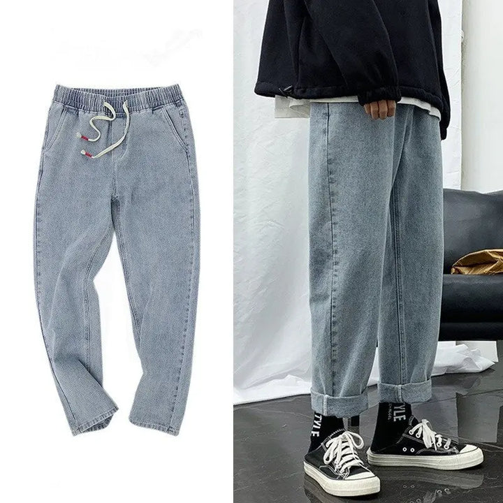 Plus Size S-3XL Men Wide Leg Jogger Jeans Spring Summer Autumn Fashion Casual Elastic Drawstring Waist Loose Denim Harem Pants