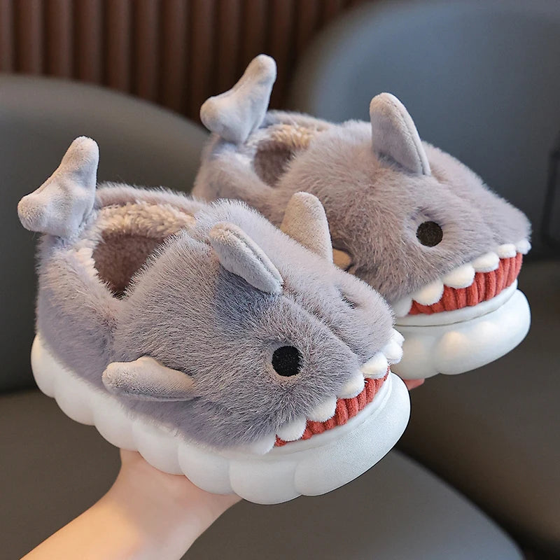 Winter Heel Wrap Cotton Slippers Children's Cute Cartoon Shark Non-slip Soft Sole Kids Boys Girls Junior Warm Plush Home Shoes