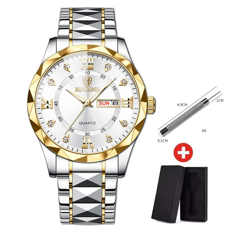 BINBOND Top Brand Luxury Fashion Quartz Watch Men Waterproof Week Date Clock Stainless Steel Sport Watch Men Quartz Wristwatch