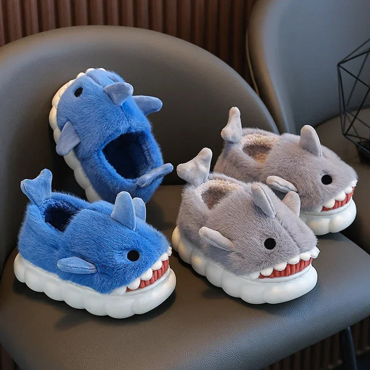 Winter Heel Wrap Cotton Children's Slippers Cute Cartoon Shark Non-slip Soft Sole Kids Boys Girls Junior Warm Plush Home Shoes