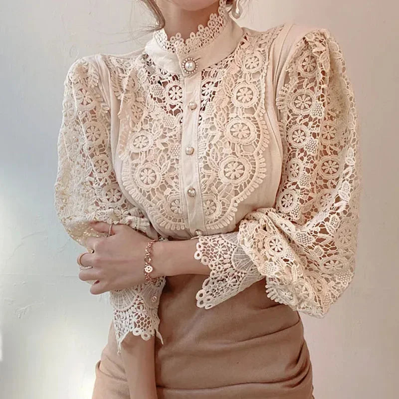 Hollow Out Lace Long Sleeve Blouse