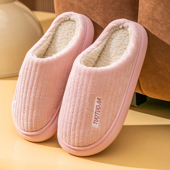 Couple Slippers Indoor Stripe Fluff Memory Foam Fluffy Eva Anti-skid Soft Heel Non Slip Plush Slippers Women's Winter Houseshoes