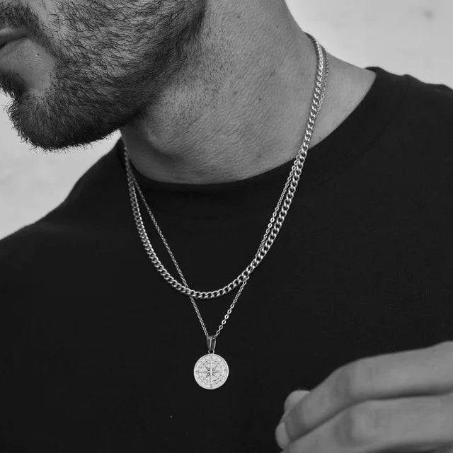 Compass Necklace for Men Layering Stacked Cuban Figaro Chain Necklaces Casual Punk Kpop Stainless Steel Jewelry Boy Collar