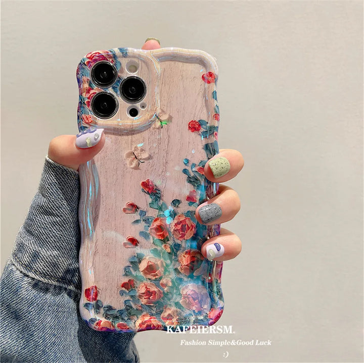 Ottwn Luxury Laser Oil Painting Flowers Phone Cases For iPhone 11 12 13 14 15 16 Pro Max Shockproof Soft Bumper Back Cover Shell