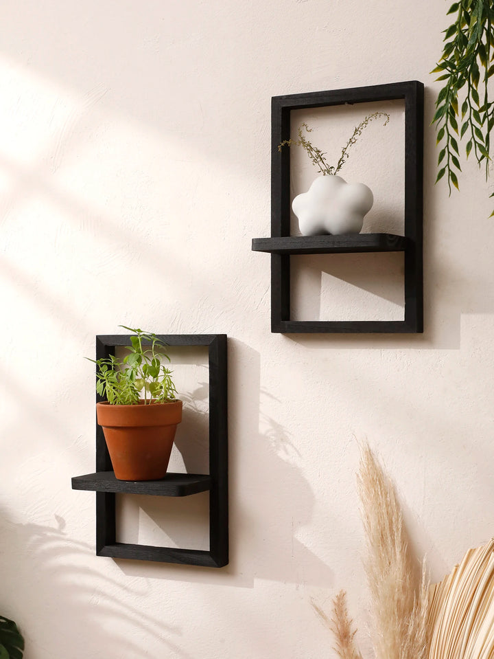 Black Wooden Floating Wall Shelf – Boho Decor Display Stand