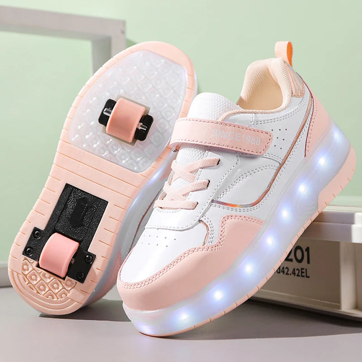 Pink Fashion Girls Boys LED Light Roller Skate Shoes for Children Kids Sneakers with Wheels Two Wheels Sneakers for Boys Kids