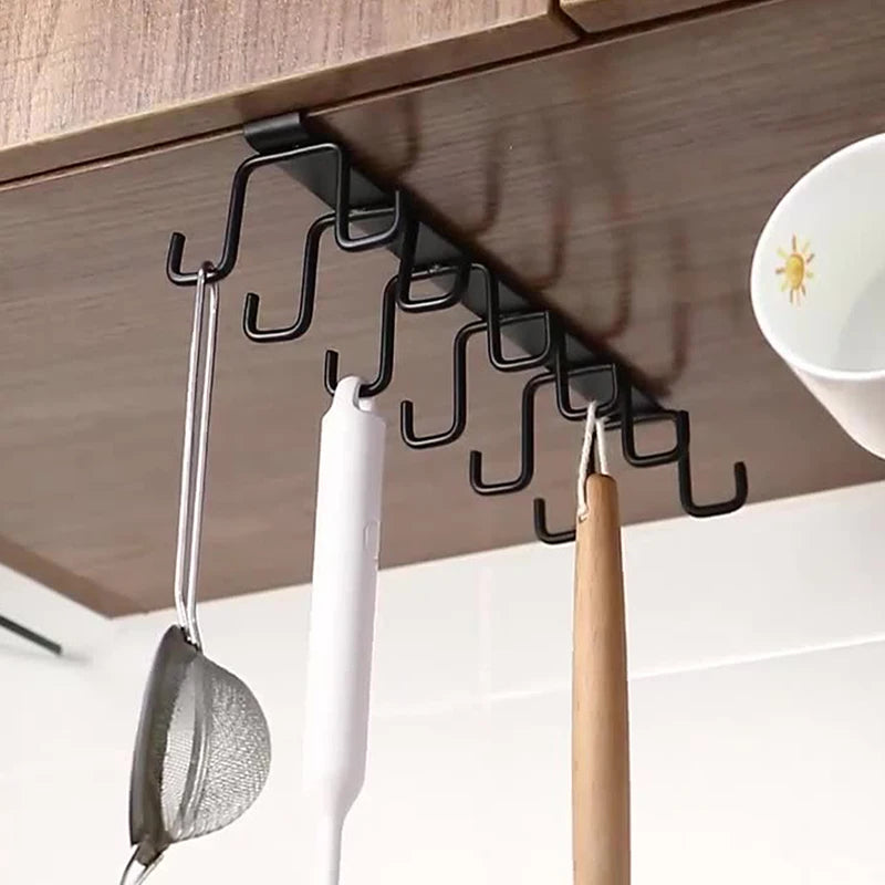 Punch-free Double-row Hooks Kitchen Under Cupboard Shelf Mug Cup Hanger Hook Iron Hanging Rack Holder Kitchen Cabinet Organizer