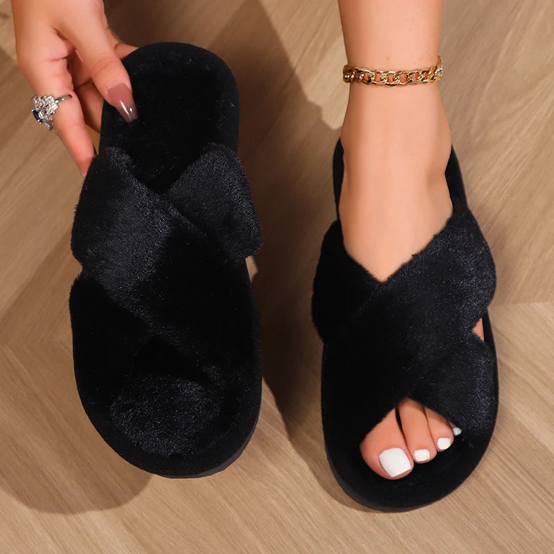 Cross Warm Fluffy Furry Slippers Women Lightweight Flat Heels Fur Slides Woman Autumn Winter Open Toe Non Slip Home Floor Shoes