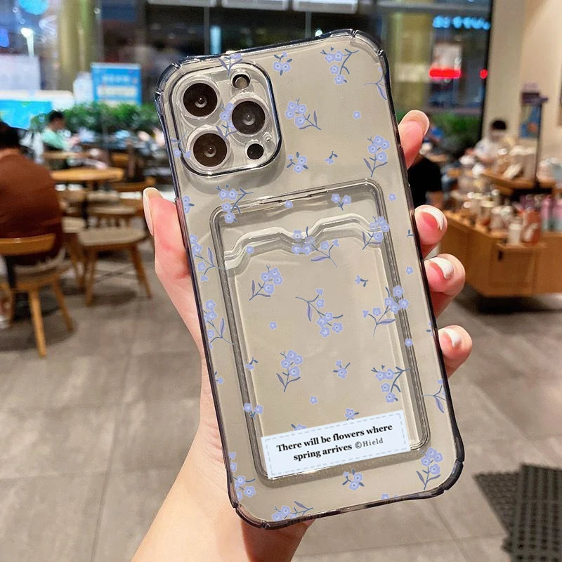 Korean Cute Flower Clear Phone Case For iPhone 16 15 14 13 12 11 Pro Max XS X 7 8 Plus SE2 Wallet Card Bag Lens Protection Cover