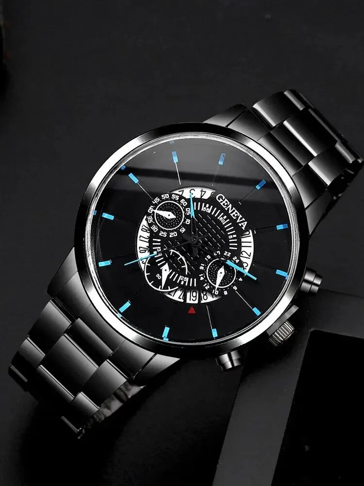 Men's Watch & Bracelet Set – Black Steel Band