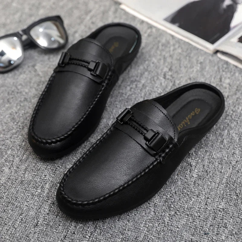 Summer Leather Men Half Slippers Breathable Mens Casual Shoes Slip-on Lazy Driving Shoes Comfortable Walking Loafers Moccasins