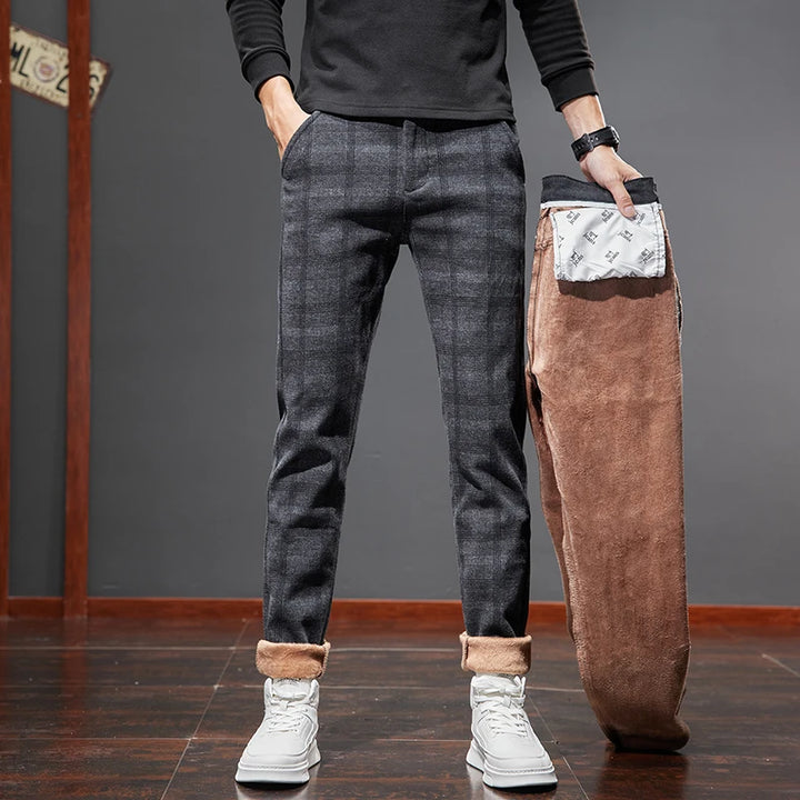 Winter New Men's Warm Casual Pants Business Fashion Fleece Thick Office Stretch Grey BlackTrousers Male Size 28-38