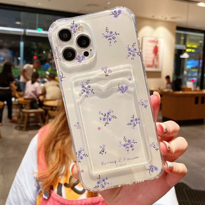 Korean Cute Flower Clear Phone Case For iPhone 16 15 14 13 12 11 Pro Max XS X 7 8 Plus SE2 Wallet Card Bag Lens Protection Cover