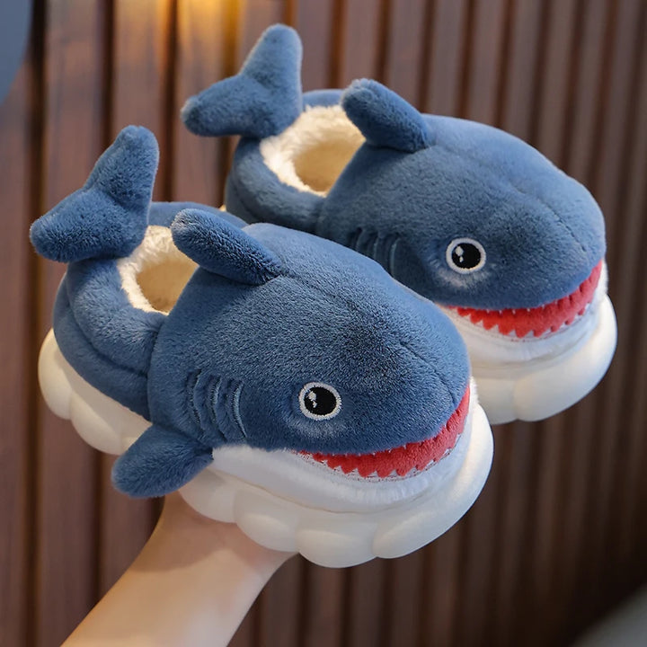 New Winter Wrap Heels Cute Cartoon Shark Cotton Slippers Children's Non-slip Soft For Kids Girls Boys Baby Warm Plush Home Shoes