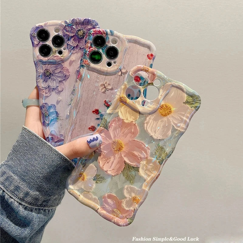 Ottwn Luxury Laser Oil Painting Flowers Phone Cases For iPhone 11 12 13 14 15 16 Pro Max Shockproof Soft Bumper Back Cover Shell