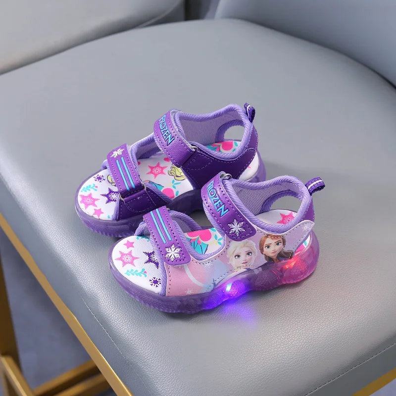 Disney Boys Girls Frozen Elsa Princess Led Light Up Luminous Sports Sandals Summer Kids Sandals Non-slip Toddler Shoes Size 21-3