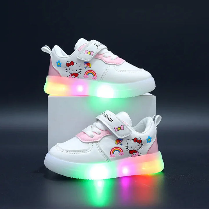 Sanrio LED Kids Shoes for Girls Cute Cartoon Hello Kitty Shoes Summer Girl Kawaii Shoes Soft Bottom Sneakers Casual Shoes