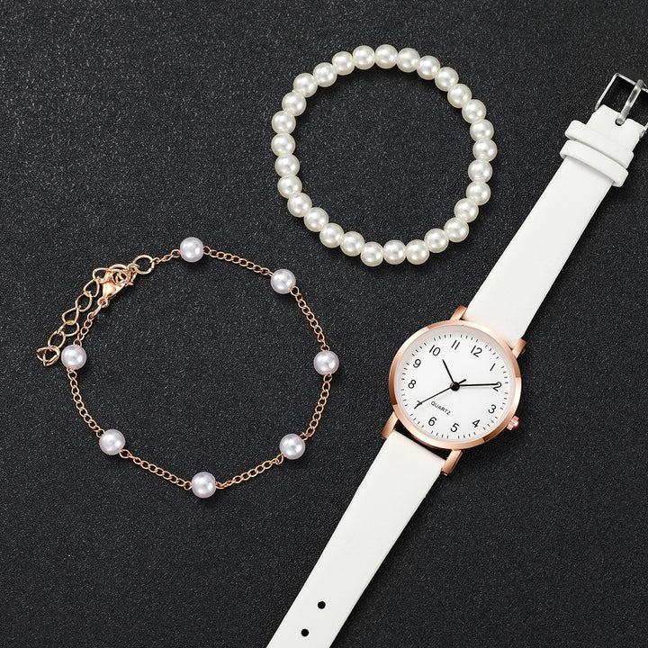 Women Leather Watch & Pearl Bracelet Set