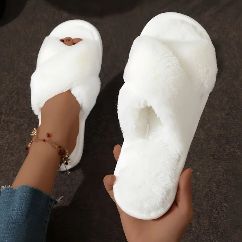 Fashion Leopard Print Fluffy Slippers Women Light Faux Fur Warm Home Slippers Woman Comfort Flat Heel Plush House Slides Shoes