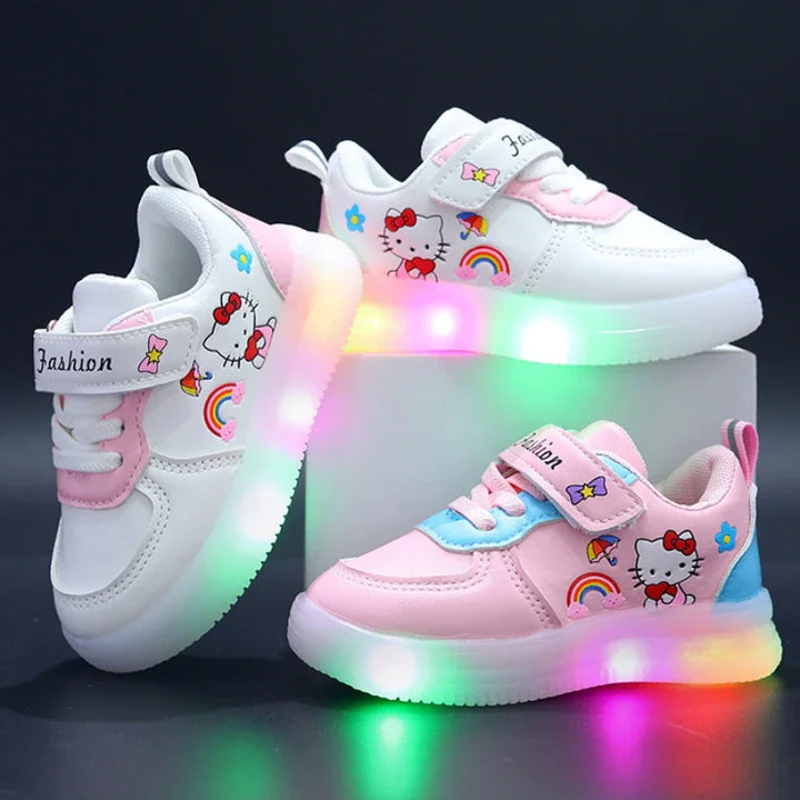 Sanrio LED Kids Shoes for Girls Cute Cartoon Hello Kitty Shoes Summer Girl Kawaii Shoes Soft Bottom Sneakers Casual Shoes