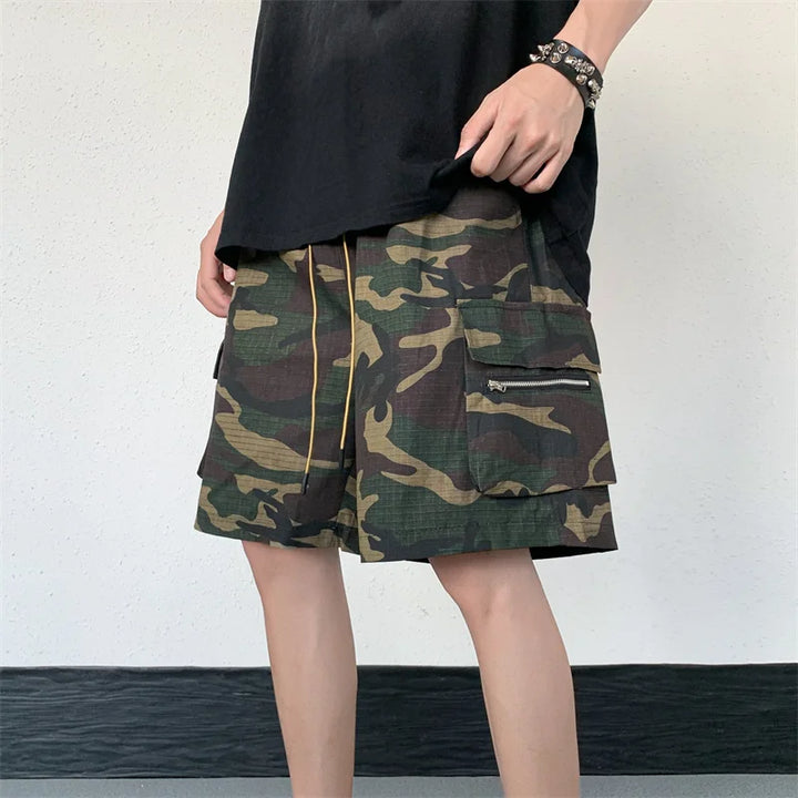 Camouflage Cargo Shorts Men Retro Pocket-design American Style Basic Baggy Simple All-match Fashion High Street Trousers Males