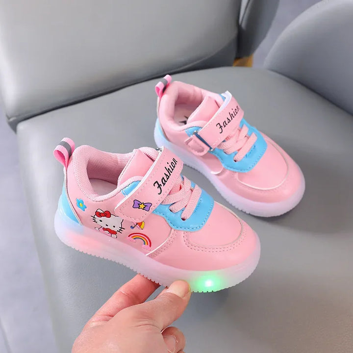 Sanrio LED Kids Shoes for Girls Cute Cartoon Hello Kitty Shoes Summer Girl Kawaii Shoes Soft Bottom Sneakers Casual Shoes