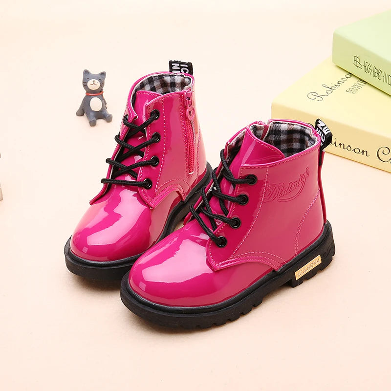 Winter PU Leather Boots – Kids' Waterproof Plush Shoes