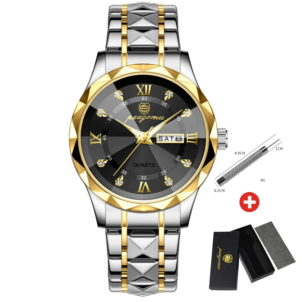 PAAZOMU Luxury Men Watches Business Top Brand Man Wristwatch Waterproof Luminous Date Week Quartz Men's Watch High Quality+Box