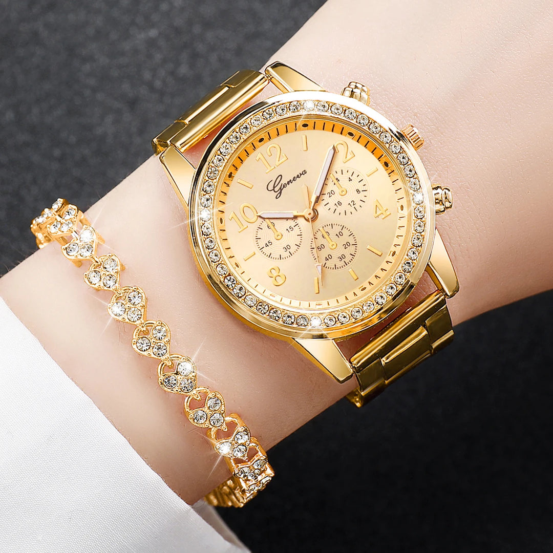 Fashion Women Stainless Steel  Gold Color Quartz Watch & Diamond Bracelet