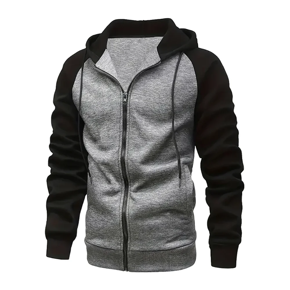 New Men's Zip-Up Color Block Hoodie with Casual Stylish & Durable Fall/Winter Top Raglan Sleeves Hoodies Sweatshirt Male